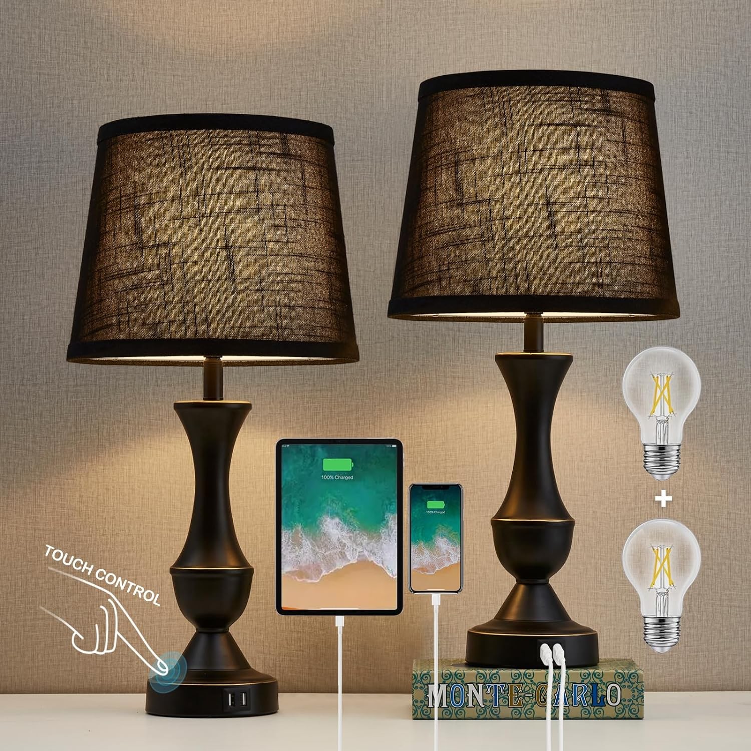 Table Lamps for Bedrooms Set of 2 Black, Bedside Touch Lamps with Dual USB Charging Ports, Nightstand Lamps with Premium Linen Fabric Lampshade for Living Room, Bedroom, Office, LED Bulbs Included
