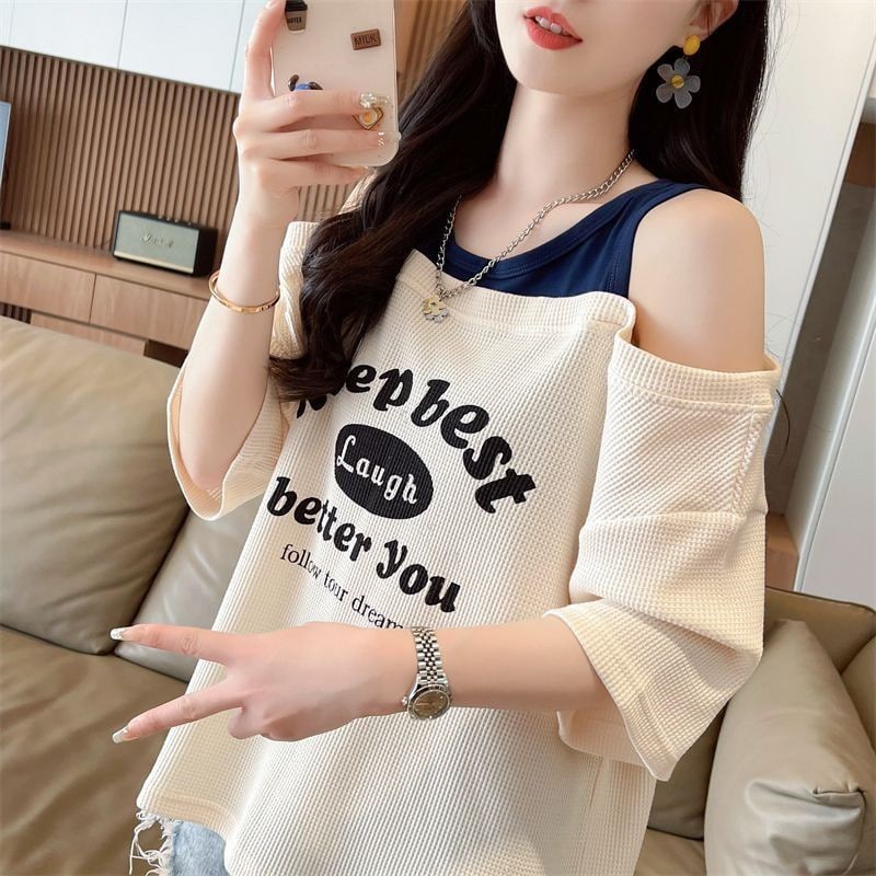 Women's Short-Sleeved T-shirt Korean Style New off-Shoulder Loose plus Size off-Neck Casual T-shirt