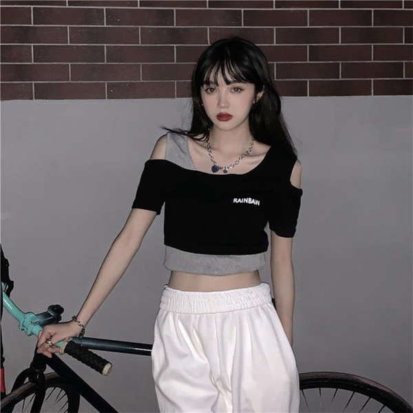 Women's Tuanfeng Practice Room Lisa Same Style Jazz Dance Top Hot Girl Short Navel Fake Two-piece Short-sleeved T-shirt Women